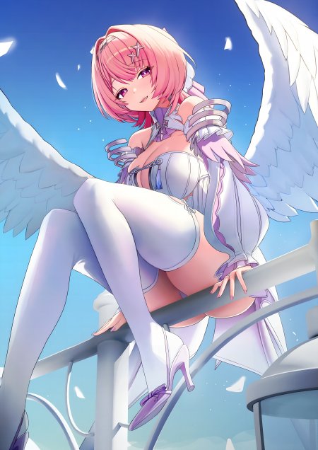 粉发天使少女白翼展翅蓝空唯美动漫手机壁纸