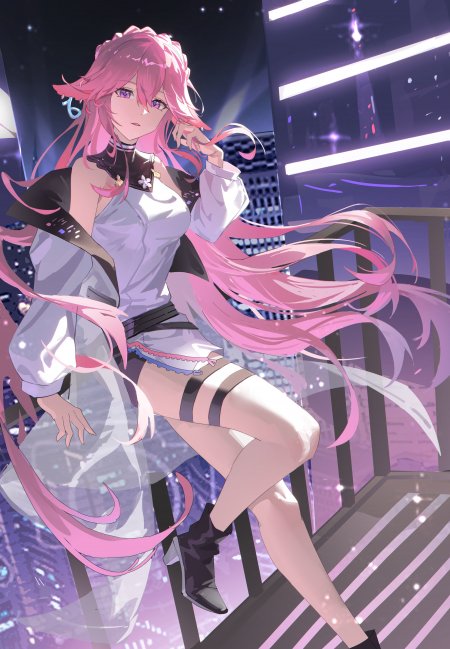 粉发紫瞳少女夜景霓虹紫粉动漫手机壁纸