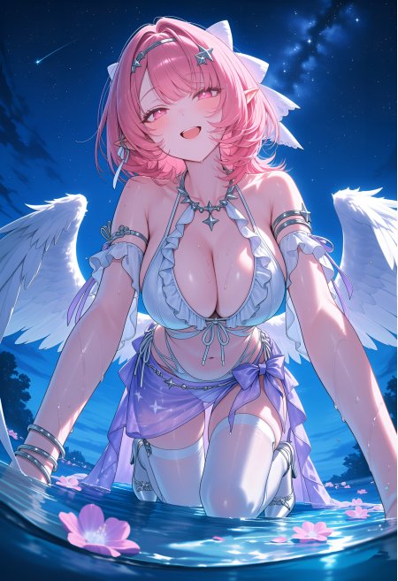 粉色短发星饰少女白翼水畔跪姿蓝紫梦幻动漫手机壁纸
