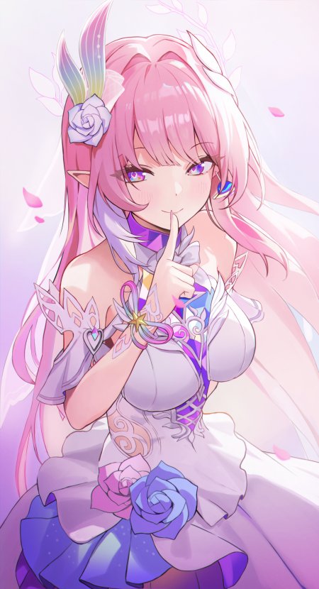 粉色长发精灵少女紫眸花饰轻嘘手势粉紫梦幻动漫手机壁纸