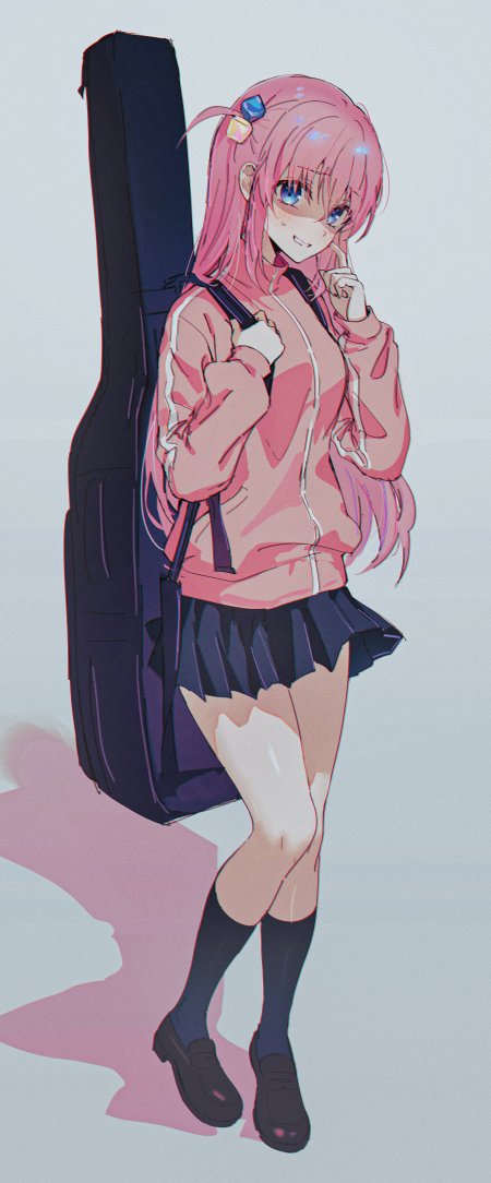 粉色长发蓝眼少女背吉他包微笑粉紫动漫手机壁纸