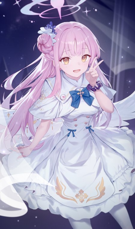 粉色长发少女白裙蓝蝴蝶结星辉背景动漫手机壁纸