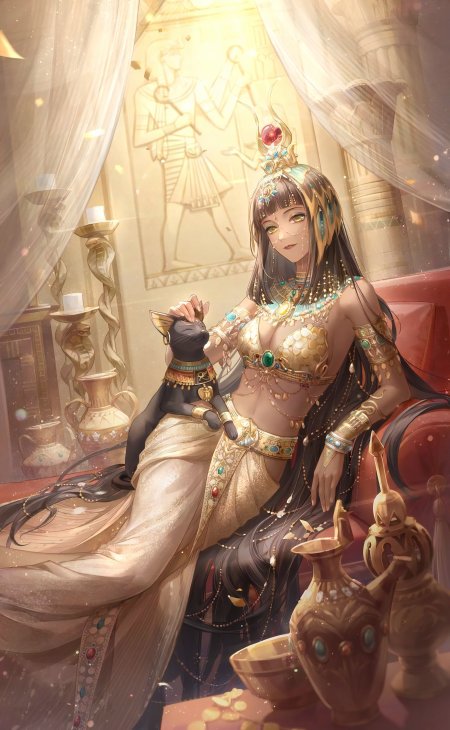 古埃及风格少女金饰华服抱黑猫暖金奇幻手机壁纸