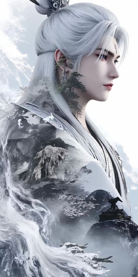 古风白发仙人山水融合青松云雾灰白唯美动漫手机壁纸