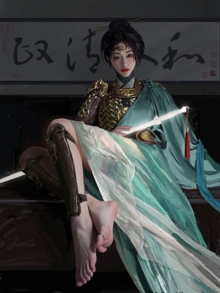 古风女将军青绿战甲持剑坐姿暗调唯美动漫手机壁纸