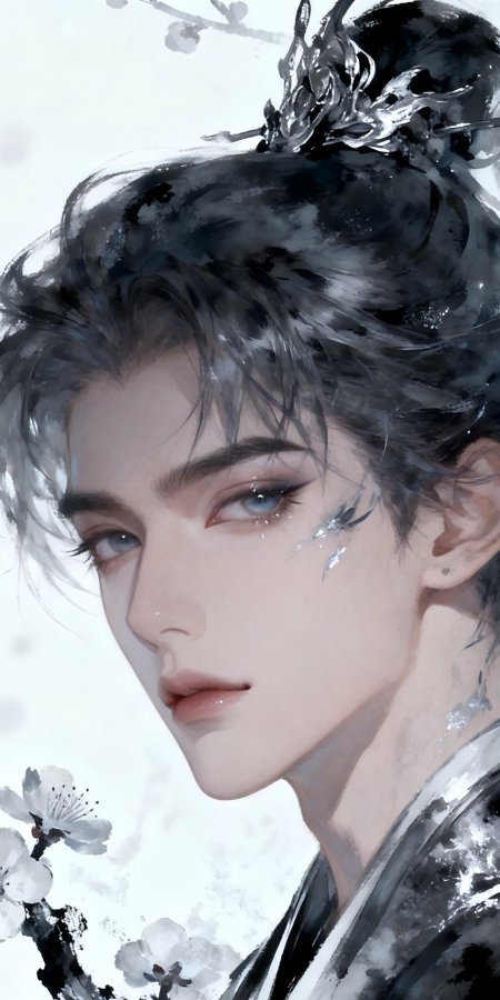 古风少年银发蓝眸水墨梅花暗雅动漫手机壁纸