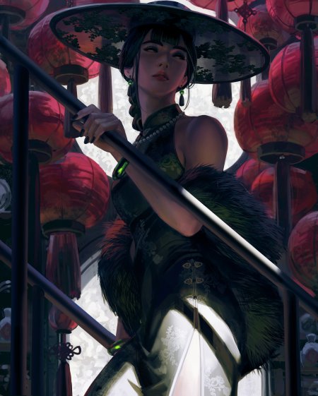 古风少女戴宽檐帽持杖倚栏红灯笼环绕暗绿典雅动漫手机壁纸