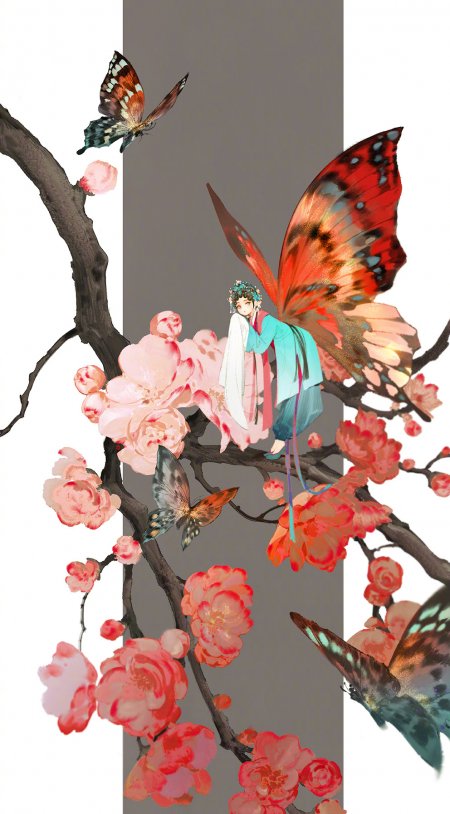 古风少女栖息梅枝彩蝶环绕粉红花卉植物手机壁纸