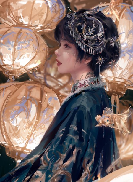 古风少女青衣金鲤灯笼暖金动漫手机壁纸