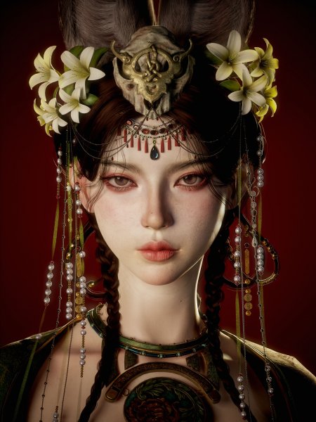 古风少女头戴骨饰白莲垂珠红背景人物摄影手机壁纸