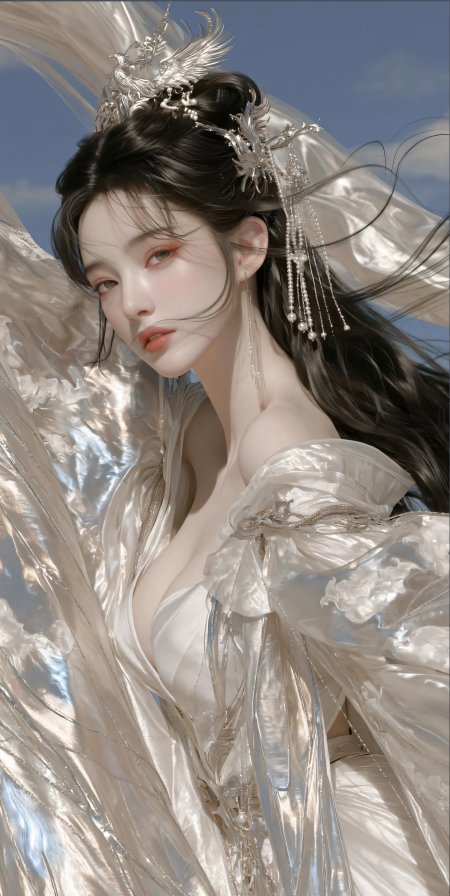 古风少女银凤冠白纱飘逸蓝白唯美人物手机壁纸