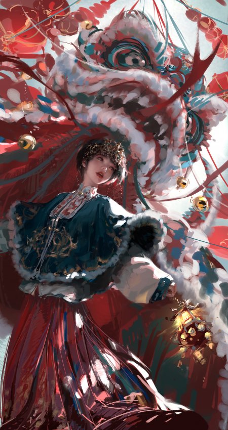 古风少女舞狮红蓝交织喜庆唯美插画手机壁纸