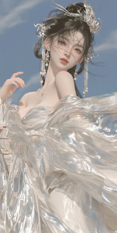 古风少女银纱飘逸头戴珠饰蓝白唯美动漫手机壁纸