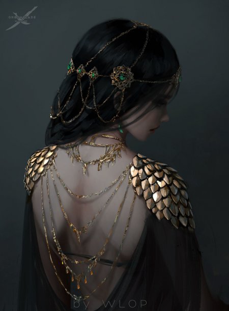 鬼刀绘制黑发少女金饰鳞甲暗灰奇幻插画手机壁纸
