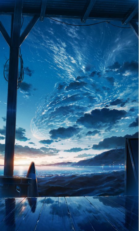 海边木屋观星夜景蓝紫渐变唯美动漫手机壁纸