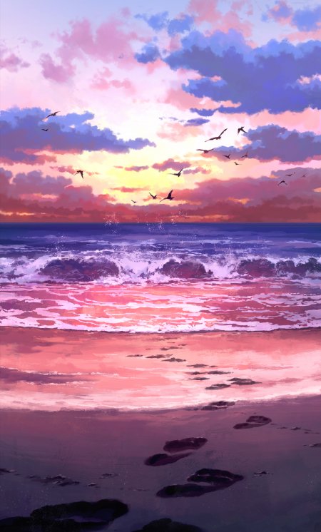 海边日落飞鸟掠影粉紫渐变风景插画动漫手机壁纸