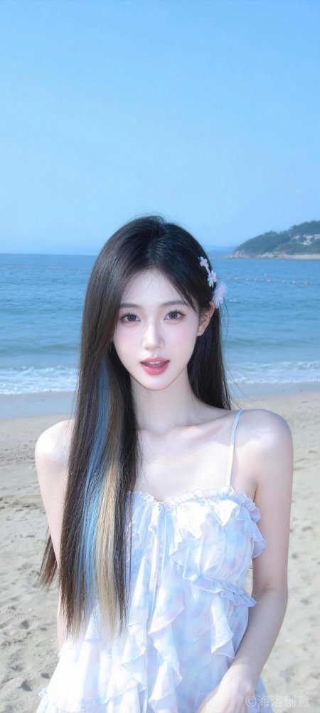 海边长发蓝挑染少女白裙清新蓝白人物摄影手机壁纸