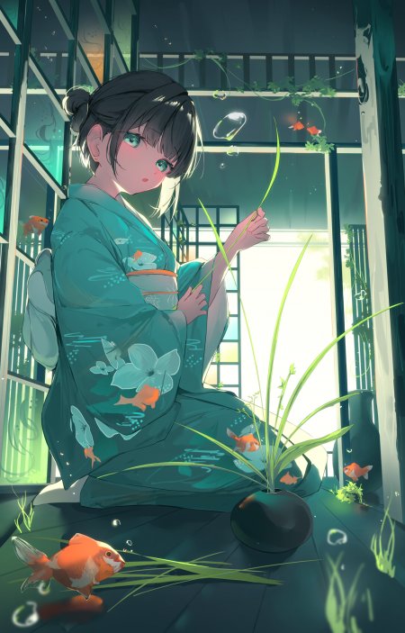 和风少女青绿和服持草金鱼环绕蓝绿动漫手机壁纸