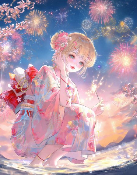 和风少女樱花夜祭手持烟花粉紫梦幻动漫手机壁纸
