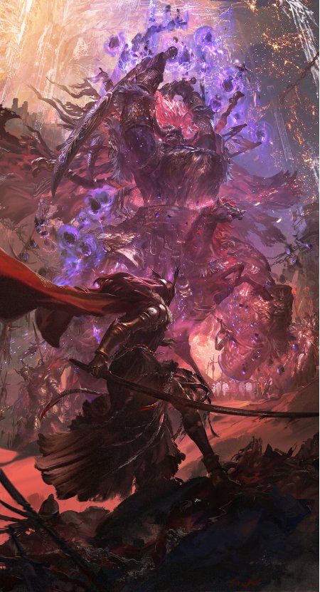 黑暗骑士持剑迎战巨魔紫焰爆发奇幻战斗暗红紫幻游戏手机壁纸