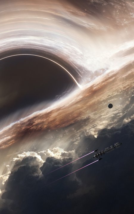 黑洞吸积盘环绕星云光晕紫光飞船穿越暗金太空科幻手机壁纸