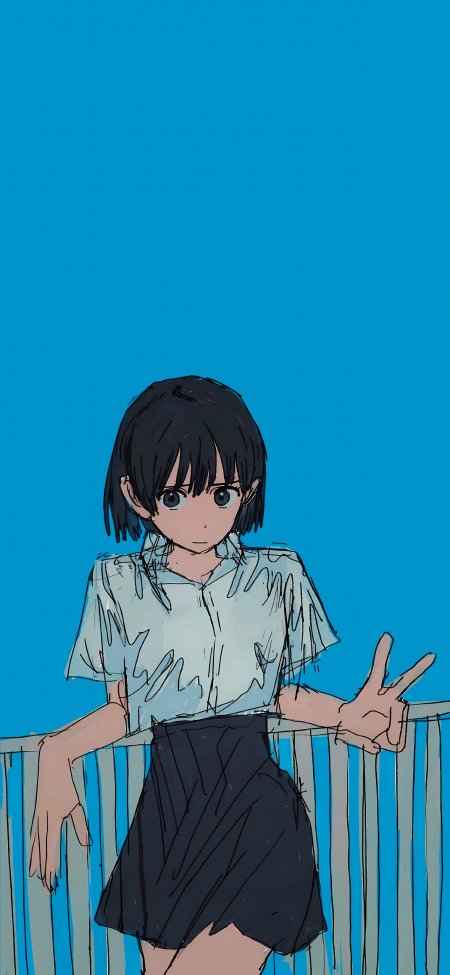 黑短发少女浅蓝衬衫比耶手势蓝白动漫手机壁纸