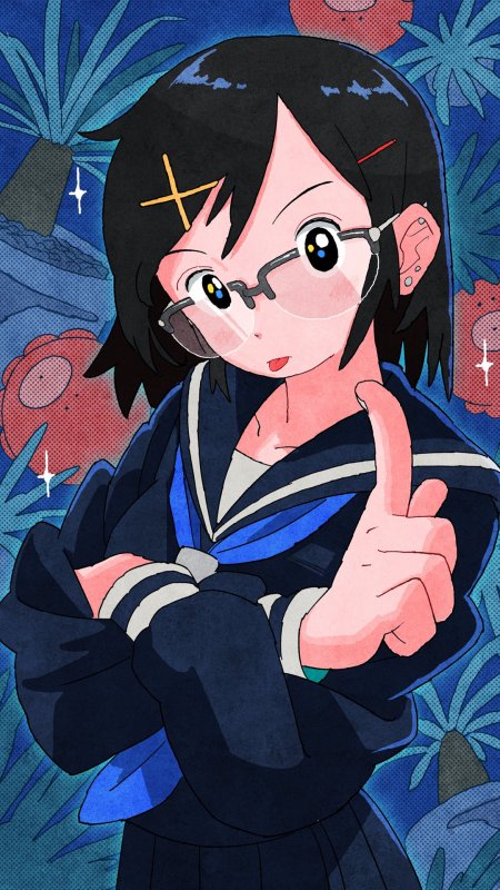 黑发戴眼镜水手服少女竖指眨眼蓝红波点背景动漫手机壁纸