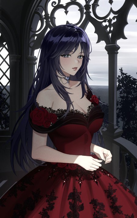 黑发红裙玫瑰装饰少女哥特风暗红动漫手机壁纸