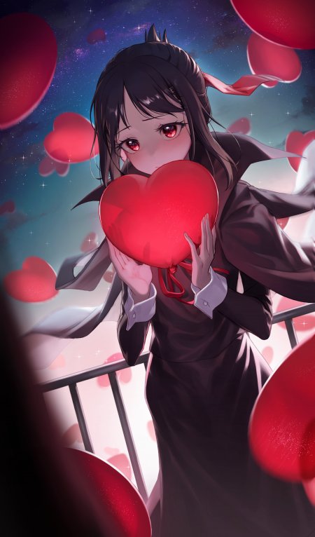 黑发红瞳少女怀抱红心星空背景粉紫梦幻动漫手机壁纸