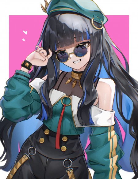 黑发蓝挑染墨镜少女绿白外套动漫手机壁纸