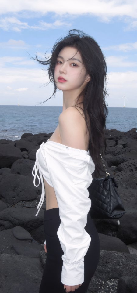 黑发美女海边岩石侧身回眸蓝白风景摄影手机壁纸
