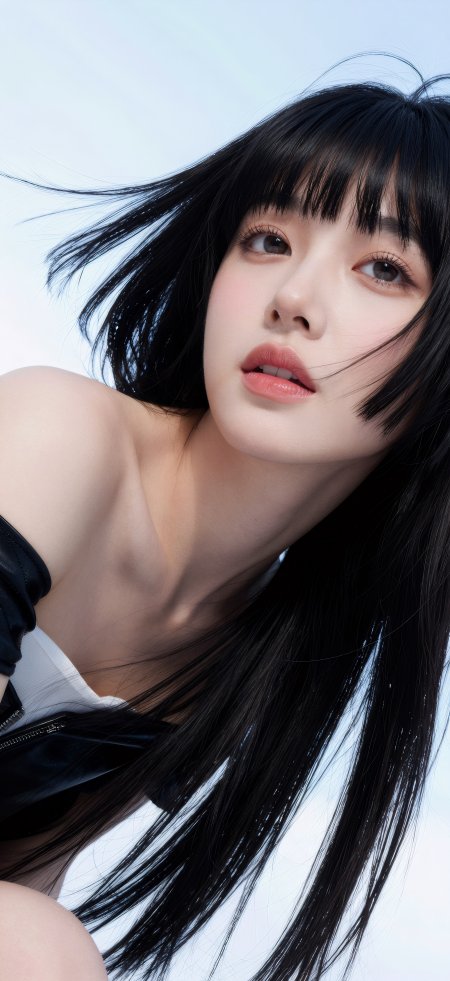 黑发齐刘海少女侧颜凝视浅粉人物摄影手机壁纸