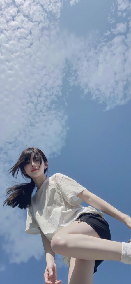 黑发少女白T黑短裤蓝天白云下伸展姿态清新自然人物摄影手机壁纸