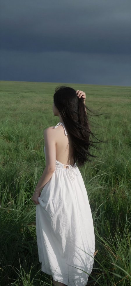 黑发少女白裙伫立绿野微风拂发青灰天空人物摄影手机壁纸