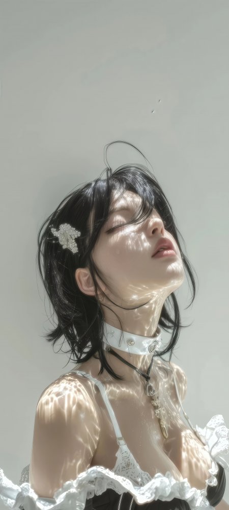 黑发少女闭眼仰首水光潋滟白蕾丝服饰柔光动漫手机壁纸