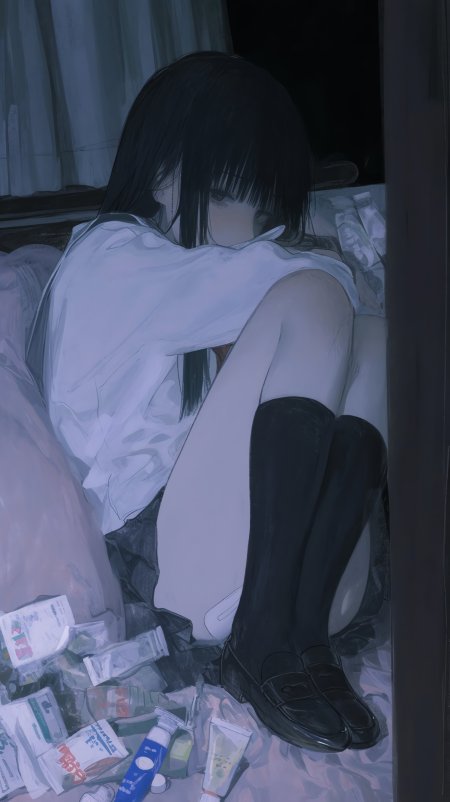 黑发少女抱膝坐地蓝灰调忧郁动漫手机壁纸