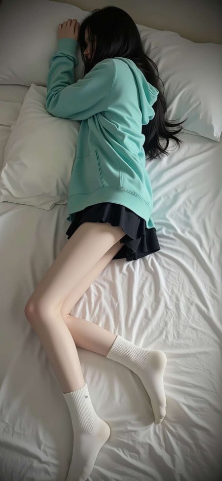黑发少女侧卧床铺青绿卫衣黑裙白袜暖柔人物摄影手机壁纸