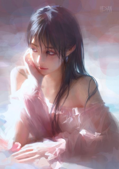 黑发少女手托脸颊粉白柔光动漫手机壁纸
