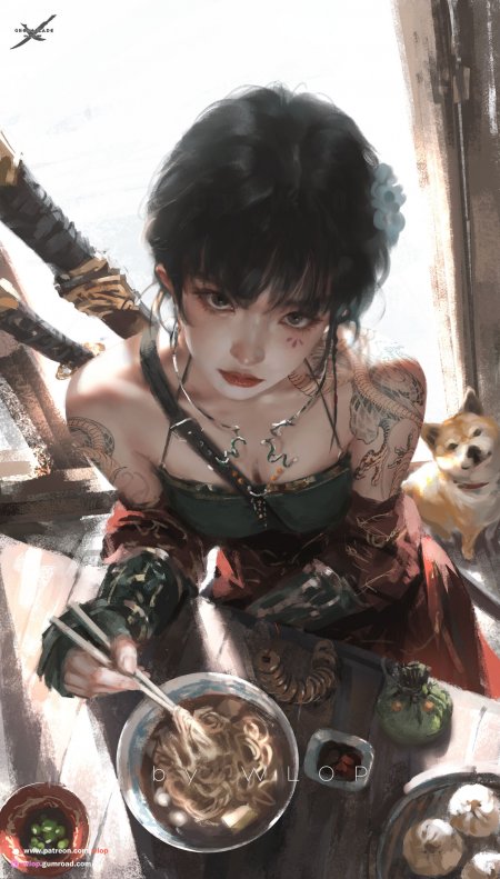 黑发纹身少女持筷吃面窗边柴犬陪伴暖光动漫手机壁纸