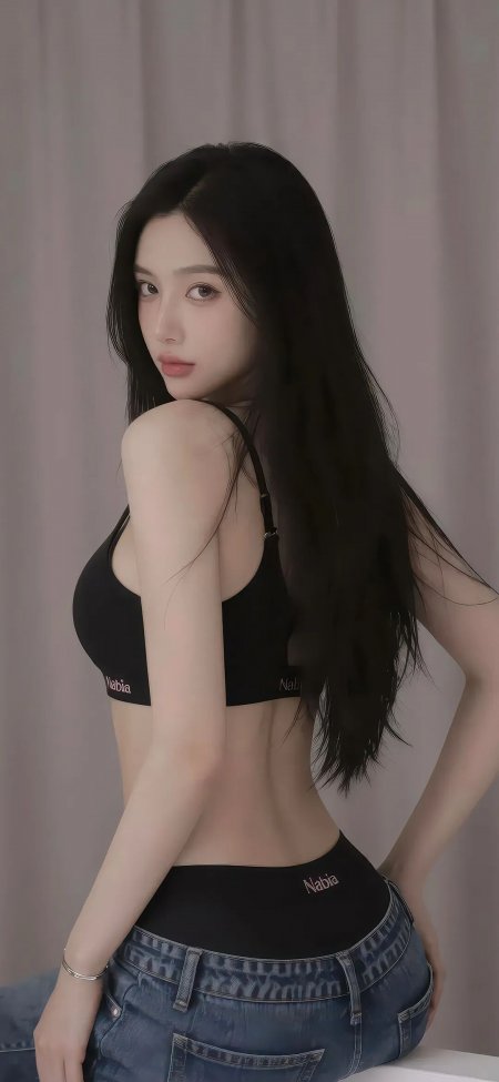 黑长直美女回眸侧身灰调人物摄影手机壁纸