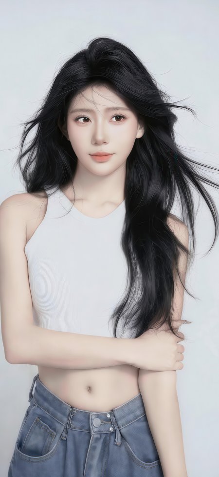 黑长直少女白背心牛仔裤浅灰背景清新人物摄影手机壁纸