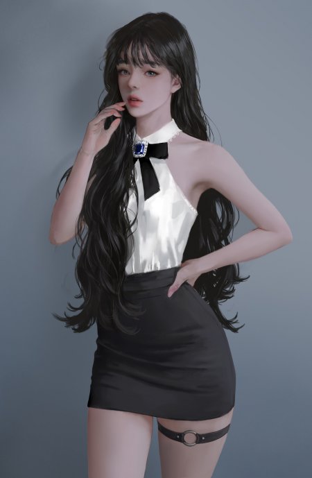 黑长直少女白衬衫黑裙蓝宝石领结灰调动漫手机壁纸