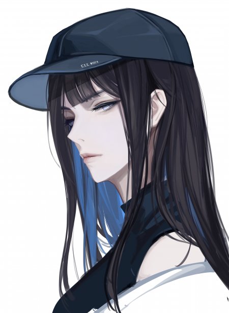 黑长直少女戴深蓝棒球帽侧颜蓝灰调动漫手机壁纸