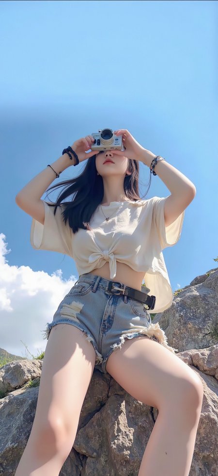 黑长直少女手持复古相机蓝天白云下岩石坐姿暖白人物摄影手机壁纸