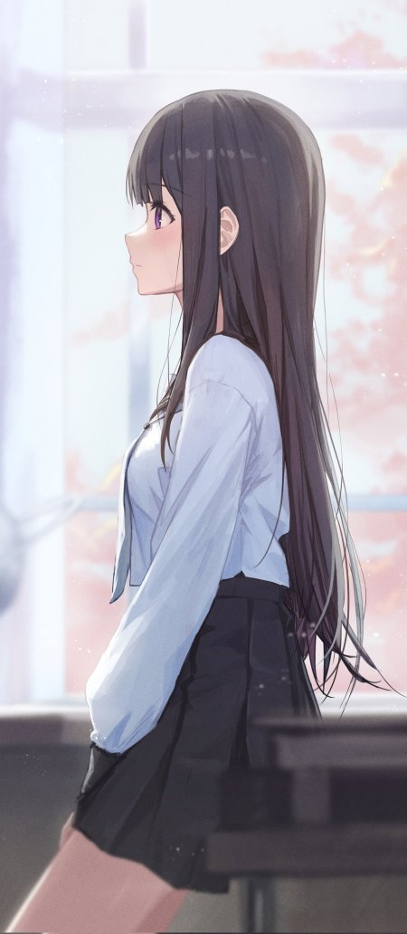 黑长直紫瞳少女侧脸窗边浅蓝白校服粉紫动漫手机壁纸