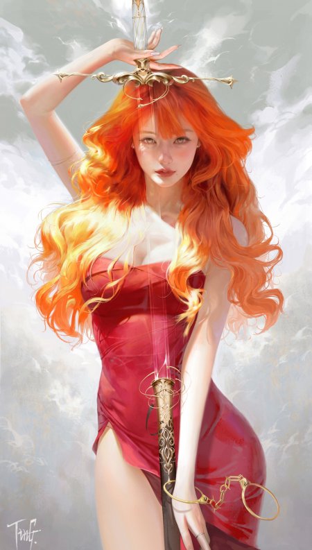 红发少女持剑仰望云空粉橙唯美动漫手机壁纸