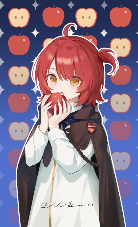 红发少女手持红苹果蓝底苹果图案动漫手机壁纸