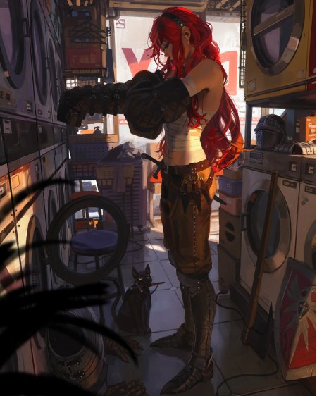红发少女装甲战士洗衣房场景暗金奇幻动漫手机壁纸