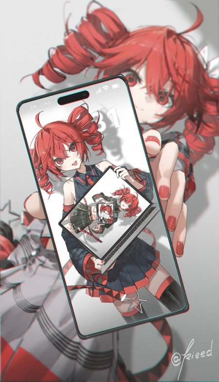 红发双马尾少女手持平板镜像递进蓝黑红动漫手机壁纸