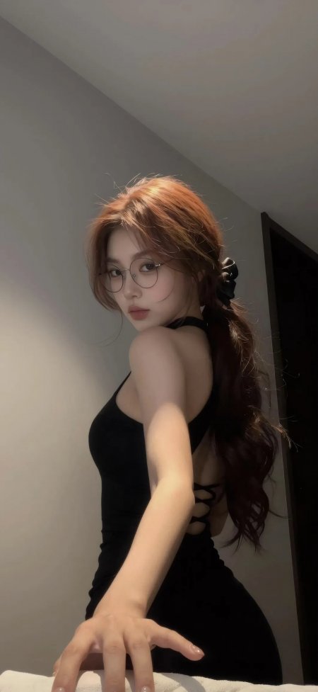红发圆框眼镜黑裙美女侧身回眸暖灰人物摄影手机壁纸